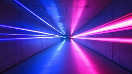Neon lights illuminate concrete tunnel; futuristic background; digital art
