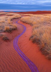 Winding Purple Stream Through Sand Dunes and Dry Grass at Sunset in Natural Landscape Scenery