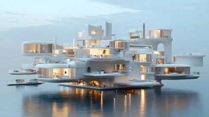 Futuristic floating city concept with advanced architecture technology and infrastructure designed to adapt to and withstand the challenges of rising sea levels and climate change