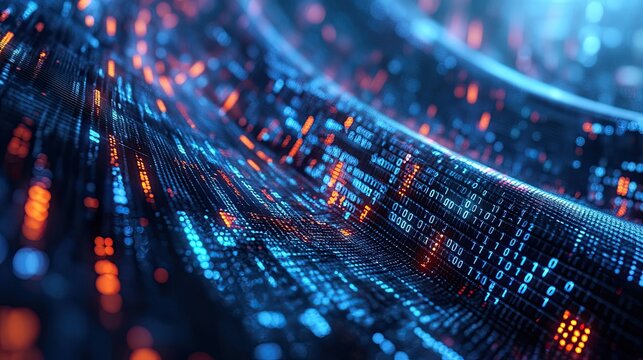 Financial data visualization with charts, binary digits, and analytics on a white background. 3D rendering.