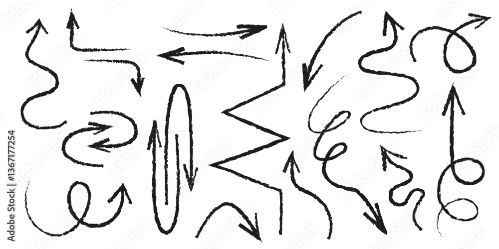 Poster handdrawn crayon arrows set - various curved, straight, twisted shapes with different thickness and 