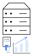 Server stack, hand entering HS code on touchscreen, upward graph with arrow. Ideal for data management, coding, analytics, growth, security technology progress. Flat simple metaphor