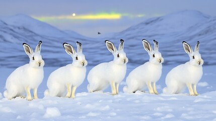 Winter Wonderland Five White Hare Ensemble in Snowy Arctic Landscape Serene Wildlife Scene