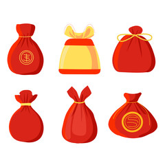 Set of chinese lucky bags isolated vector flat  golden and red illustration
