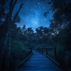 Woodland Bridge Under a Starry Night Canopy of Blue Celestial Wonders and Natural Beauty at Nightfall