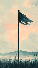 Worn Flag Amidst Coastal Marsh Grass Blades Artistic Representation Under Pale Sky Serene Depiction
