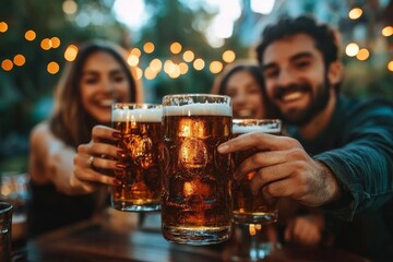 Happy friends celebrating happy hour drinking beer at brewery bar restaurant - Multi ethnic family having fun at backyard dinner party - Young people enjoying time together at open air