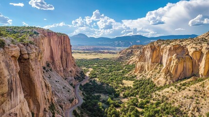 Naklejka premium Majestic rocky canyon landscape with winding road on a sunny day adventure