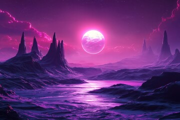 A fantasy landscape features purple mountains, water, and a bright pink moon. Use it to show sci-fi, imagination, and dreamy surreal atmospheres.