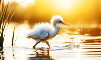 Young Egret Wading in Shallow Water Sunlight Reflections on the Pond Surface Nature Photography Style