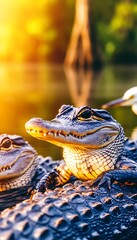 Young Alligator Basking in Morning Light Crocodile Resting Near Riverbank Wildlife in Natural Habitat