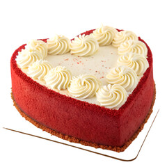 Delicious heart-shaped red velvet cake with cream frosting. white background