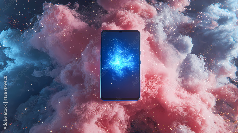 Poster smartphone floating on colorful abstract smoke cloud with light particles