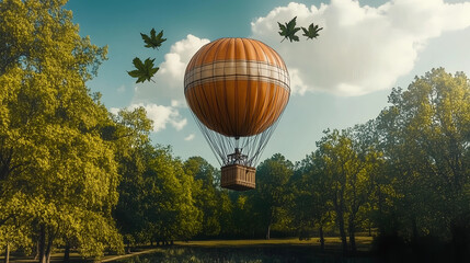 Fototapeta premium Colorful hot air balloon ascends into clear sky over lush green park during sunny afternoon