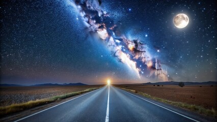 Fototapeta premium Endless Asphalt Under a Celestial Canvas A Nighttime Journey Towards the Radiant Milky Way and a Full Moon