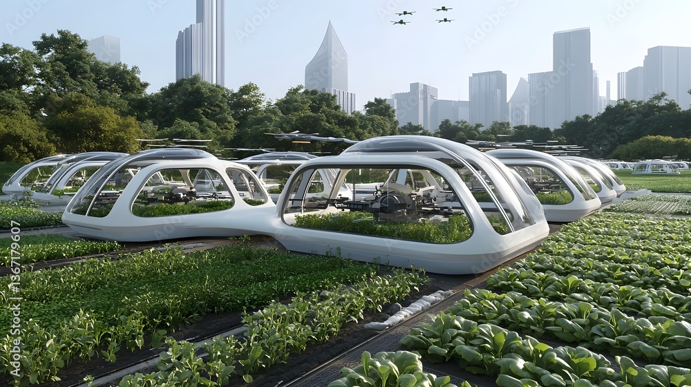 Poster futuristic ai powered farm revolutionizing sustainable agriculture with drones automation and data d