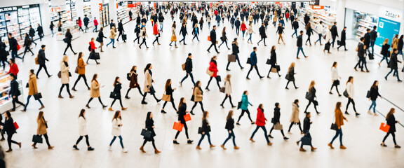 busy shoppers in mall, top view crowd, urban consumerism concept, retail shopping