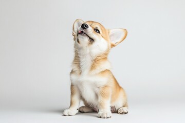 Adorable corgi puppy sitting, looking up, tongue out, against a white background.