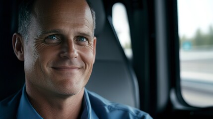 A contented driver, a subtle smile hinting at the open road ahead, bathed in soft interior light, framed by the blurred highway outside.