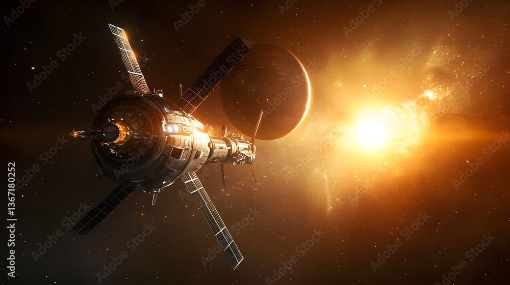 Poster highly detailed rendering of a futuristic space probe embarking on an interstellar expedition to exp