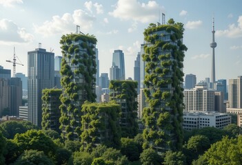 Obraz premium Innovative green skyscrapers stand amidst an urban skyline in a sunny day