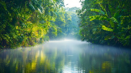 Fototapeta premium Tropical rainforest river surrounded by lush vegetation and fog