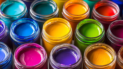 Fototapeta premium Colorful paint jars creating vibrant artistic palette