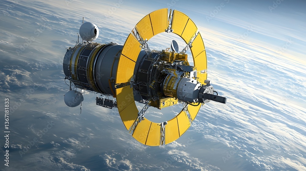 Poster cutting edge communication satellite deploying in earth s orbit to enhance global connectivity and d