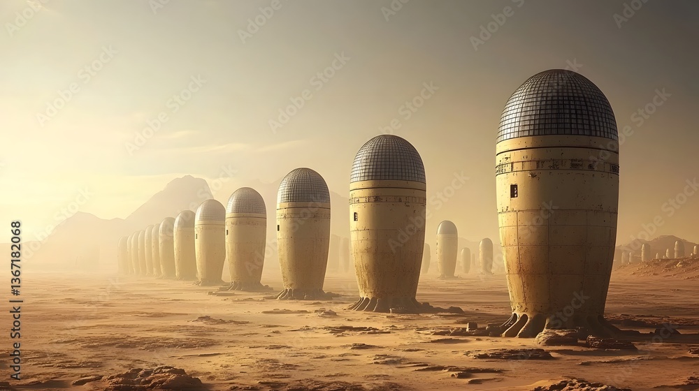 Poster breathtaking view of a futuristic mars colony featuring towering biodomes and expansive solar arrays