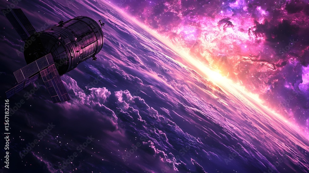 Poster high tech satellites and deep space communication systems transmitting signals across the cosmos for