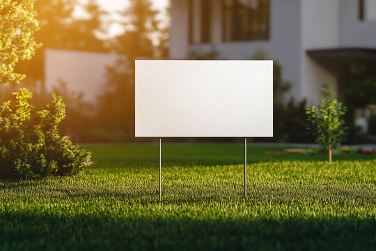Empty white yard sign on a manicured lawn in front of a house with warm sunset lighting. Perfect for real estate listings, open house promotions, and outdoor signage branding