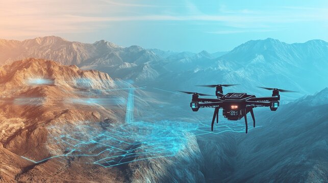 An AI powered drone mapping the terrain of a mountain range, creating detailed topographical models for geological studies, glowing mapping interface