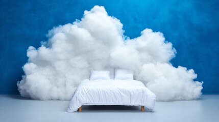 Bed with white linens surrounded by a fluffy cloud