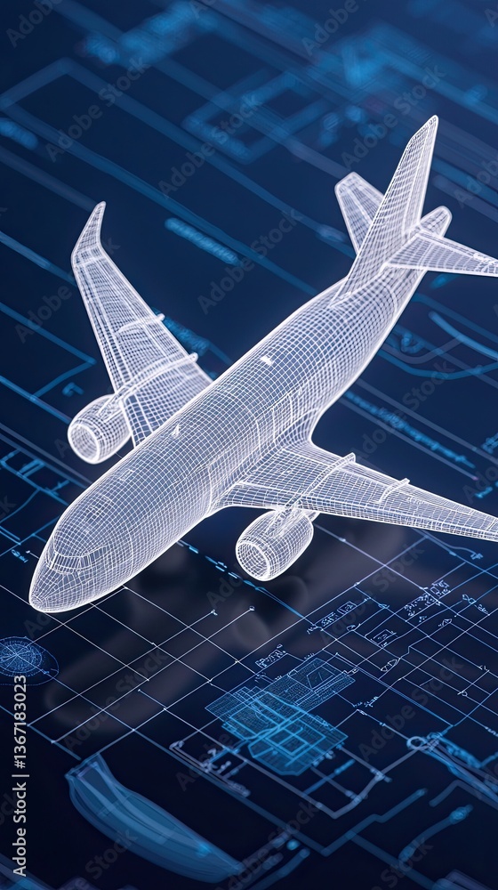Poster aviation prototype cad wireframe wireframe airplane model over technical blueprint design