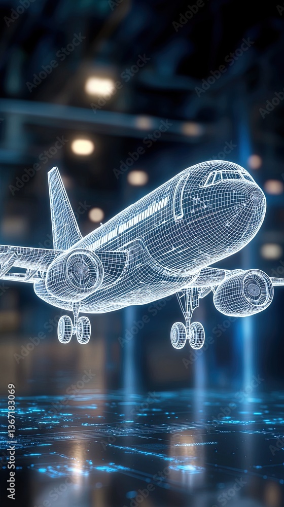 Poster aviation prototype cad wireframe wireframe airplane model in high-tech environment