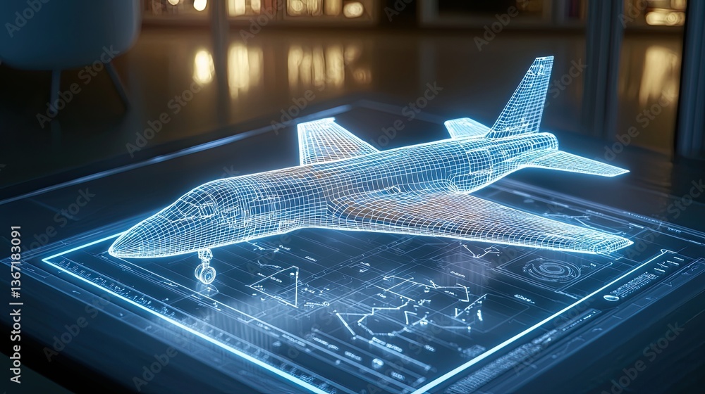 Poster aviation prototype cad wireframe 3d wireframe model of airplane on digital tablet interface