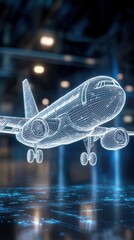 Aviation Prototype Cad Wireframe Wireframe Airplane Model in High-Tech Environment