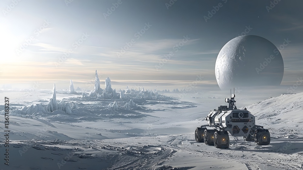 Poster a highly advanced and autonomous robotic rover navigating the frozen alien landscape of a distant ex