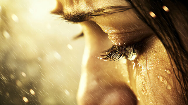 Emotional close-up of a woman's tearful face with long lashes and a heartfelt expression capturing deep feelings in a raw moment.