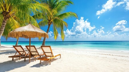 Tropical beach paradise with sun loungers and straw umbrella