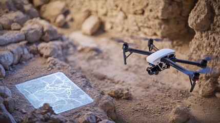 An AI powered drone surveying an archaeological excavation site, creating real-time 3D models of the dig, aiding in preservation and research