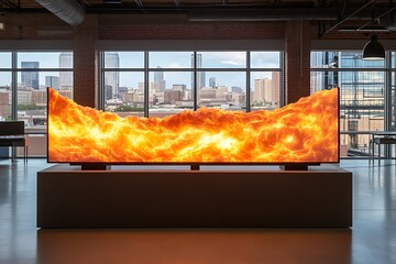 Large screen displaying fiery cloudscape in modern office with city view.