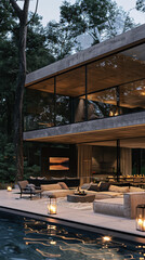 Obraz premium A scenic view of an old wooden house by the river, surrounded by a lush garden and trees, blending into the natural landscape with an Asian-inspired architectural design