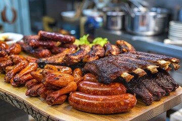 a wooden board with a variety of spicy meat dishes