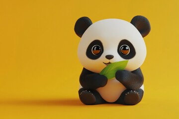 Fototapeta premium Cute cartoon panda eating bamboo leaf on yellow background.