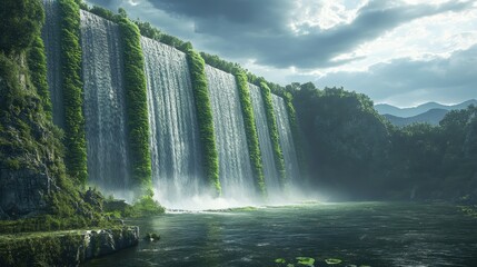Fototapeta premium Tall waterfall with green vegetation cascading into a river. Perfect for travel, nature, or serenity themed projects.