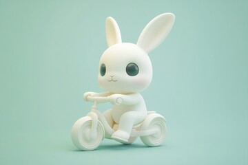 Obraz premium Cute white bunny rabbit riding a small bicycle on a light teal background.