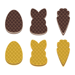 Easter wafer cookies in the shape of an egg, bunny and carrot. Waffles filled with creme, cacao. Confectionery, snack, crunchy dessert for Easter design