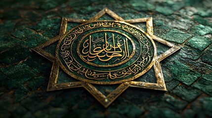 Obraz premium Ornate gold emblem on green stone mosaic