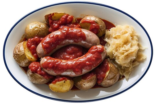 a plate with roasted sausages and roasted potatoes with red sauce